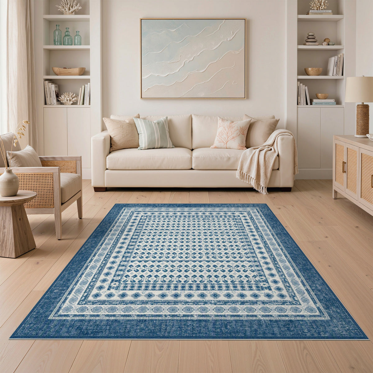 Blue Distressed Vintage Geometric Area Rug