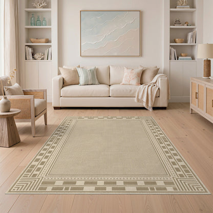Beige and Neutral Border Beige Geometric Border Area Rug