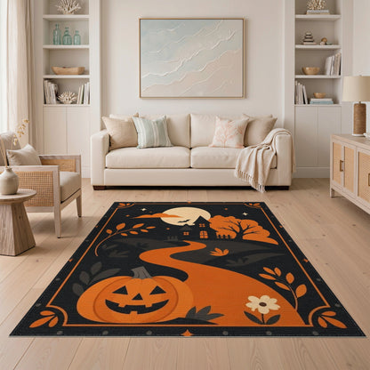 Orange Halloween Pumpkin Haunted House Kids Area Rug