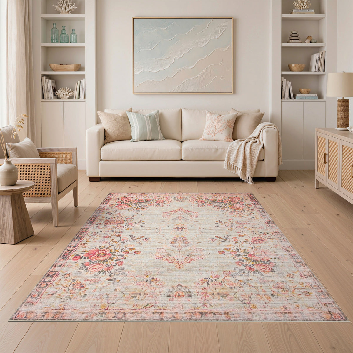 Vintage Pink Rose Floral Area Rug