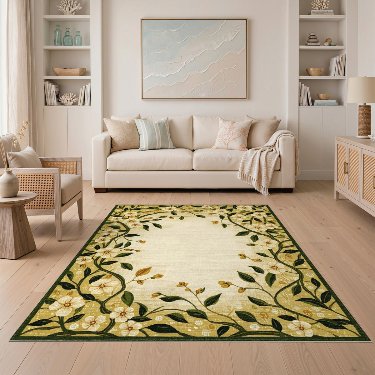 Yellow Floral Vine Border Area Rug