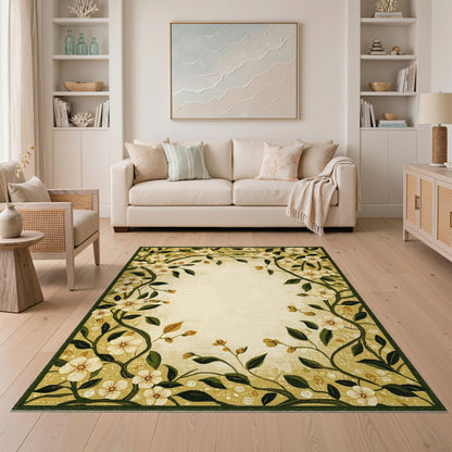 Yellow Floral Vine Border Area Rug
