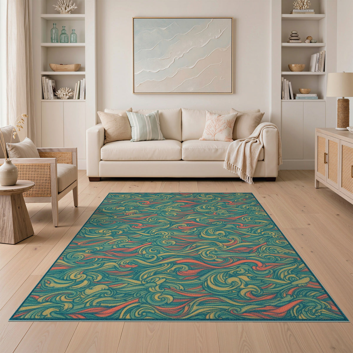 Vibrant Teal Wave Swirl Area Rug