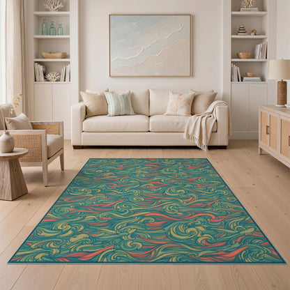 Vibrant Teal Wave Swirl Area Rug