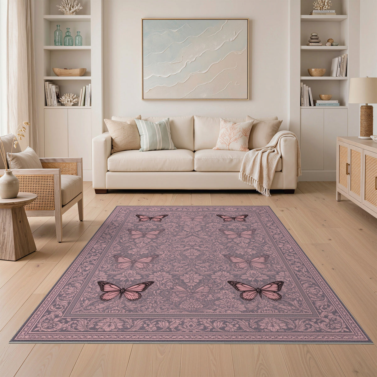 Pink Butterfly Floral Vintage Area Rug