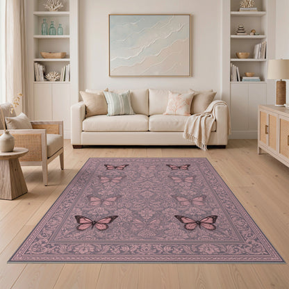 Pink Butterfly Floral Vintage Area Rug