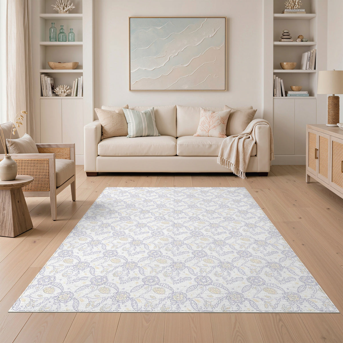 Soft Blue Floral Vintage Washable Rug