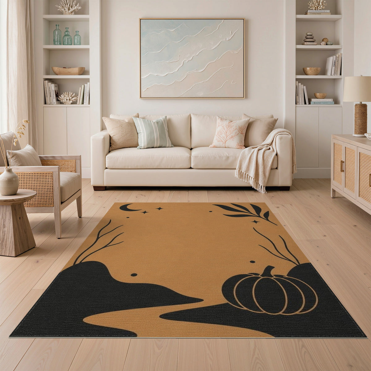Rustic Farmhouse Orange Pumpkin Moon Area Rug