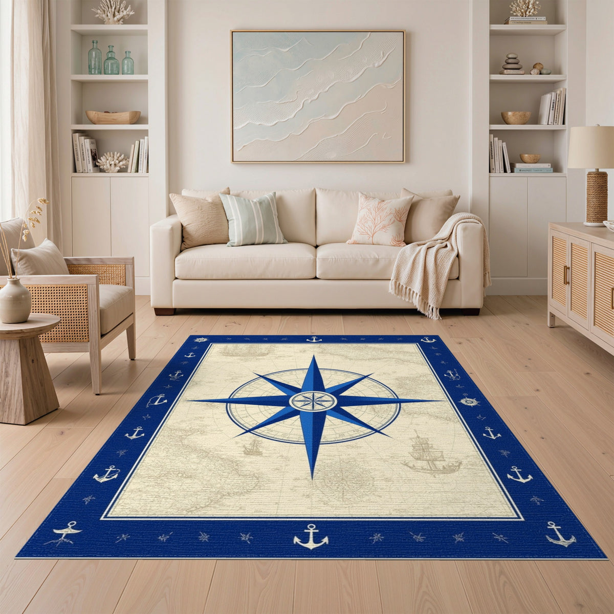 Blue Nautical Compass Vintage Area Rug