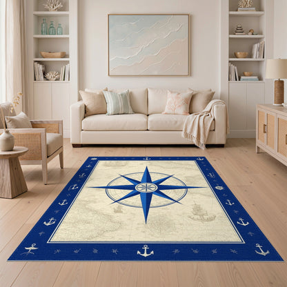 Blue Nautical Compass Vintage Area Rug
