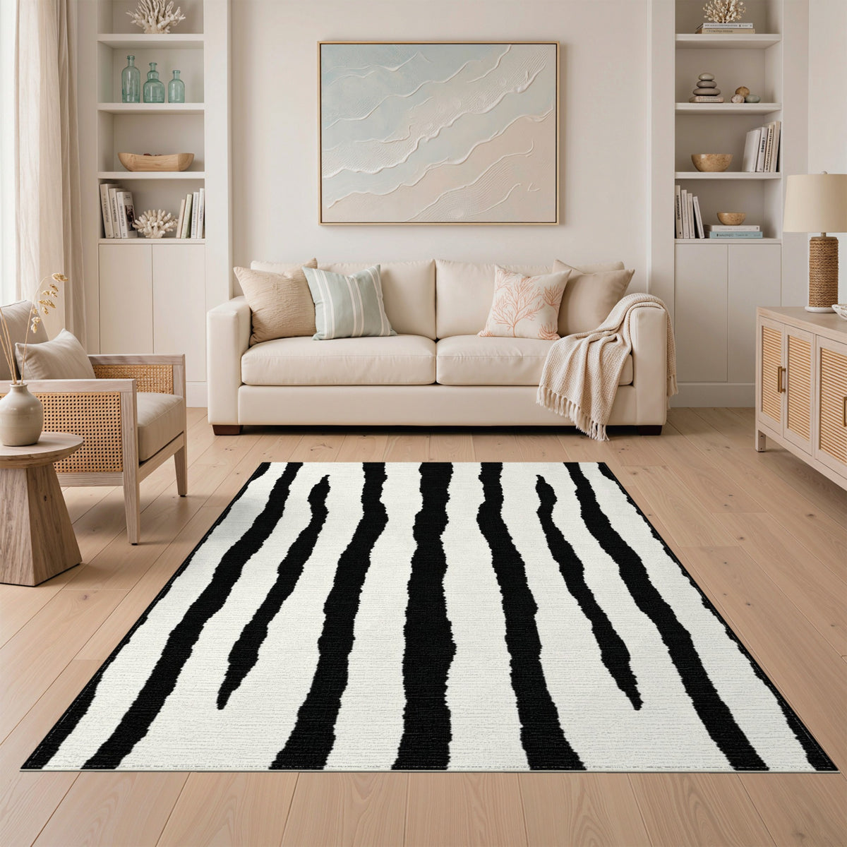 Bold Black White Abstract Striped Area Rug