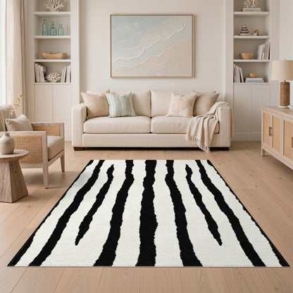 Bold Black White Abstract Striped Area Rug