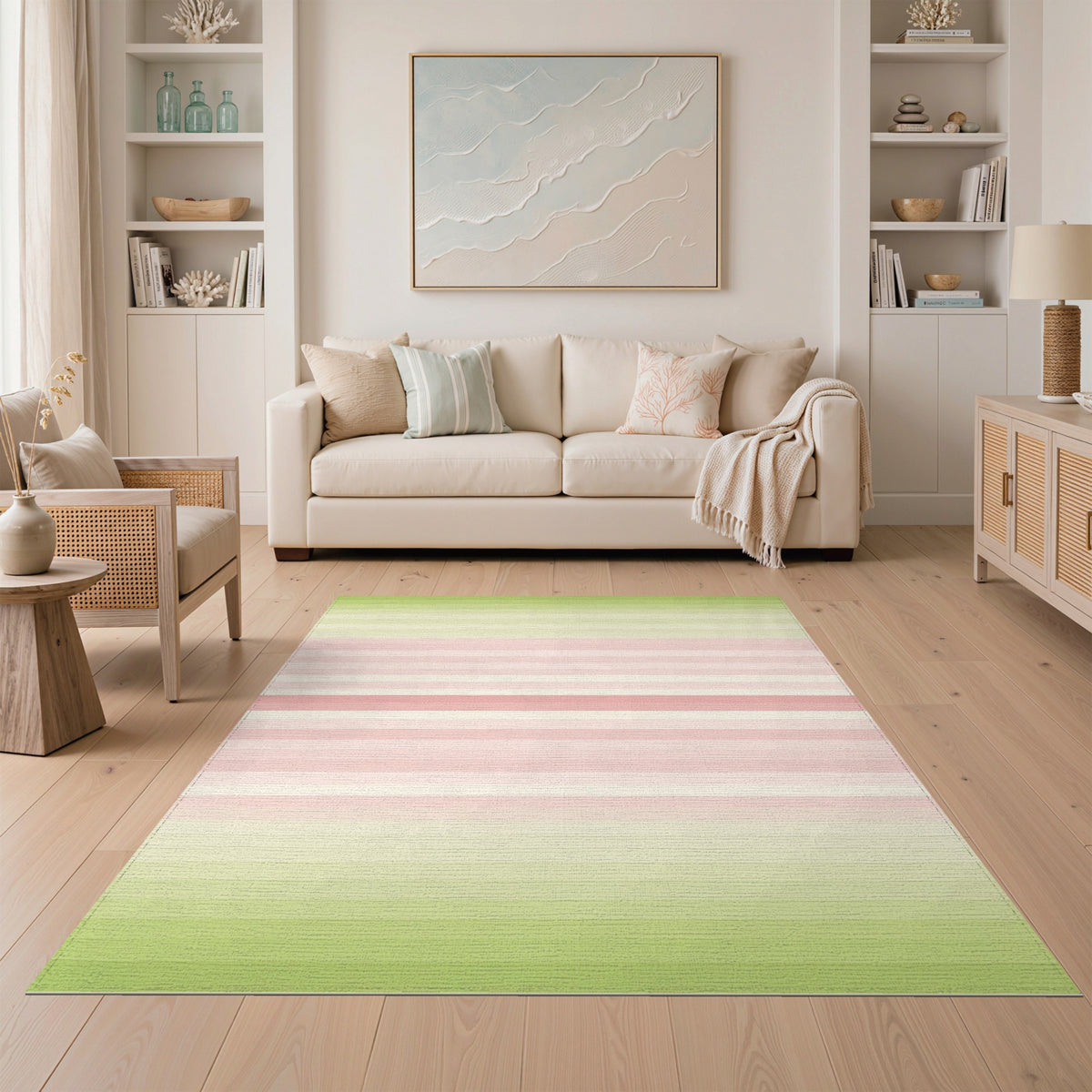 Pastel Pink Green Striped Washable Area Rug