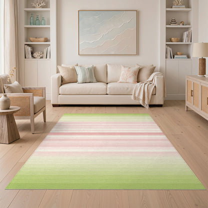 Pastel Pink Green Striped Washable Area Rug
