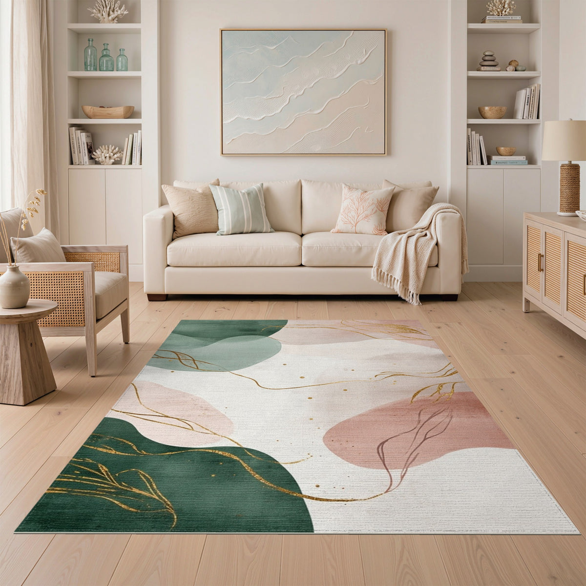 Abstract Green Gold Line Washable Rug
