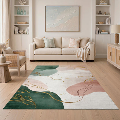 Abstract Green Gold Line Washable Rug