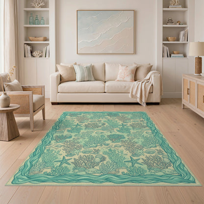 Blue and Teal Coral Starfish Coastal Area Rug