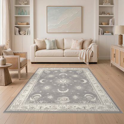 Grey Vintage Celestial Moon Sun Rug