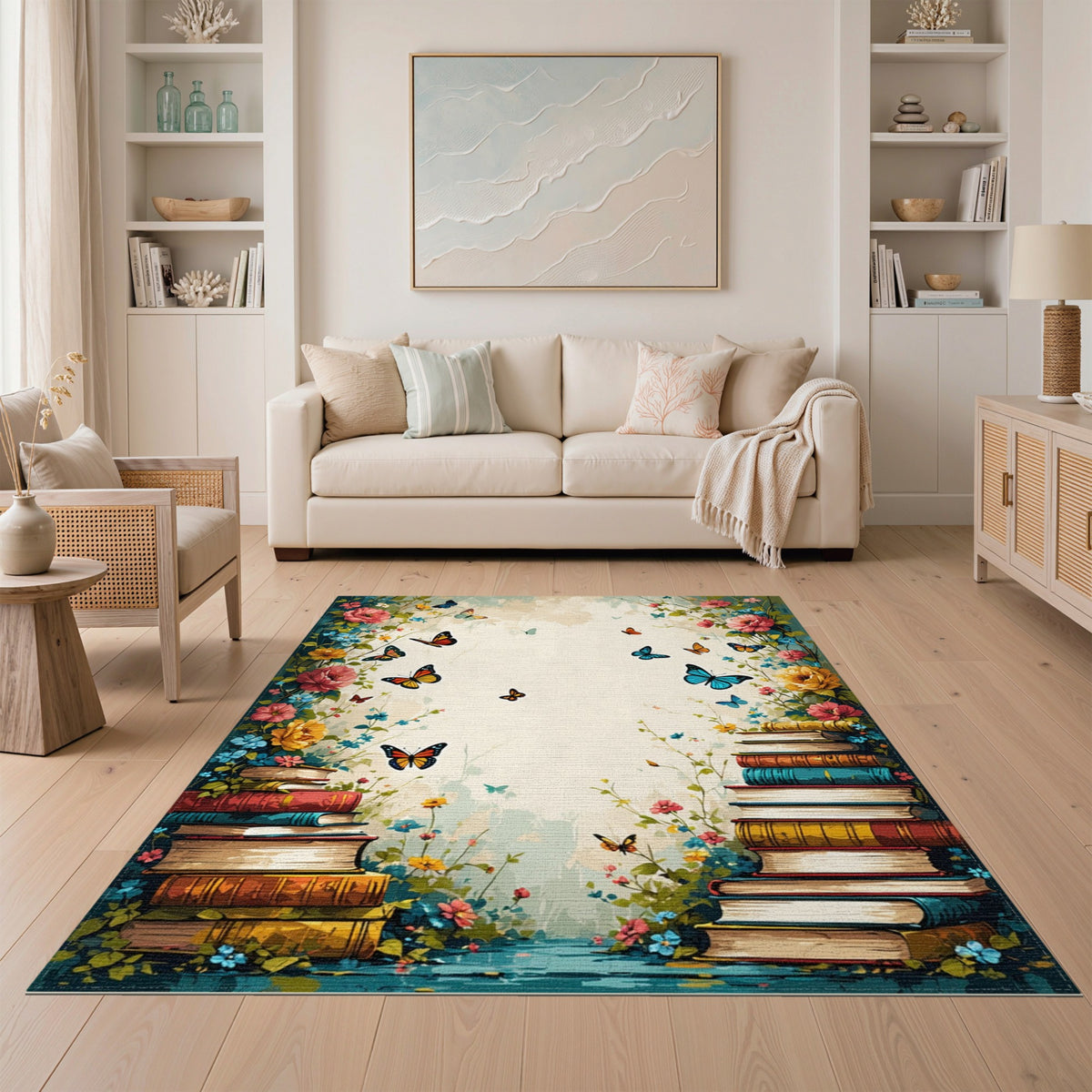 Vintage Floral Books Butterfly Area Rug