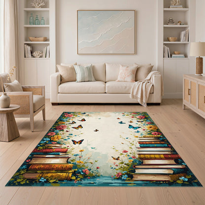 Vintage Floral Books Butterfly Area Rug