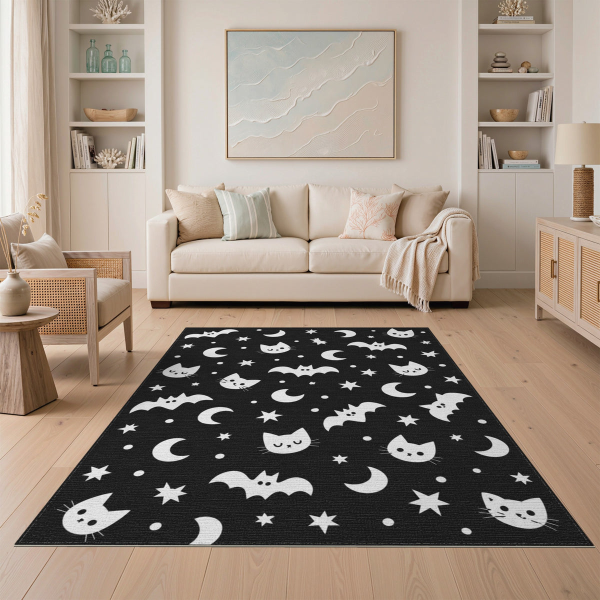 Black White Cats Bats Kids Area Rug