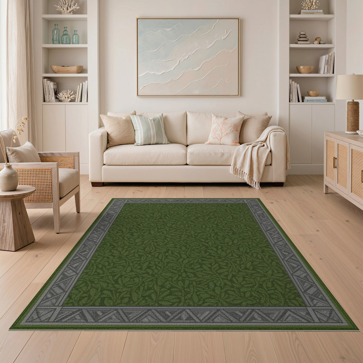 Green Floral Vintage Lush Green Vine Leaf Area Rug