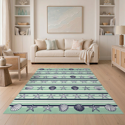 Mint Green Seashell Starfish Coastal Area Rug