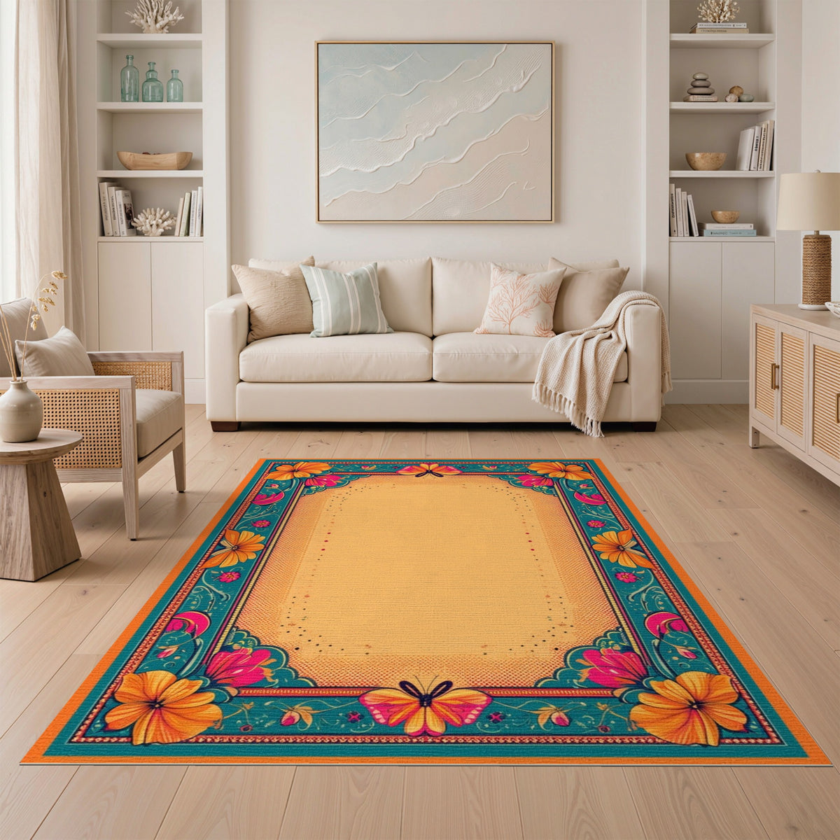 Vibrant Floral Butterfly Teal Border Area Rug