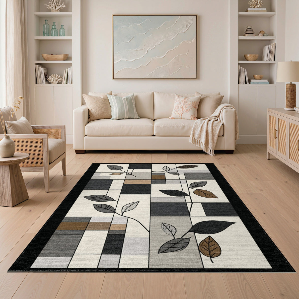 Grey Geometric Leaf Area Rug