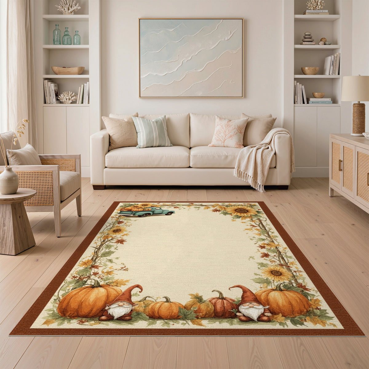 Fall Harvest Truck Gnome Pumpkin Area Rug