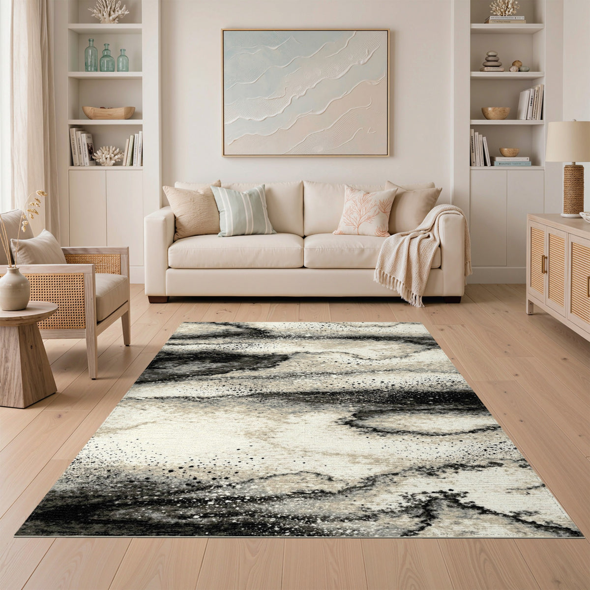 Black White Abstract Marble Area Rug