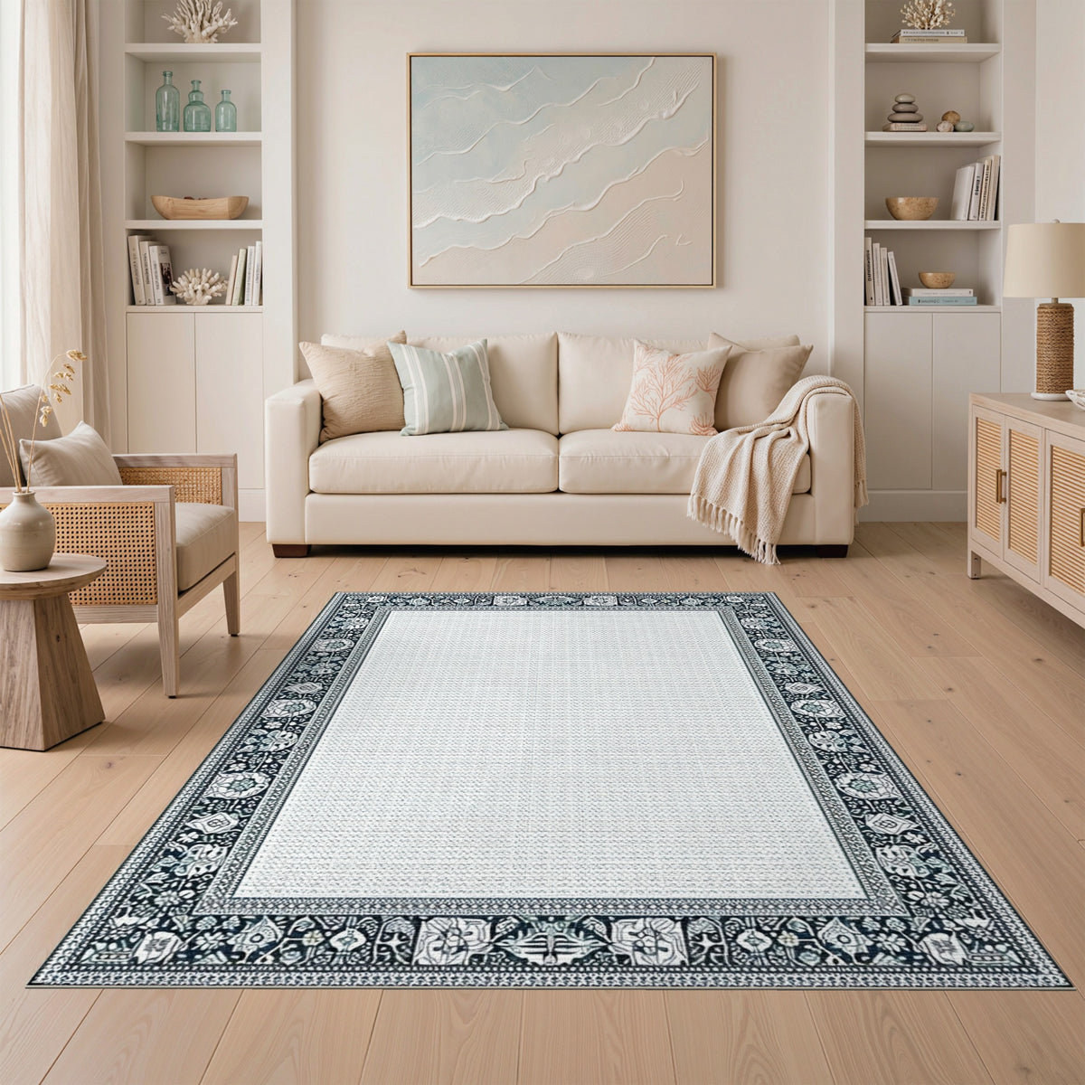 Black White Floral Border Area Rug