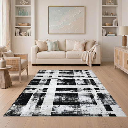 Black White Distressed Abstract Area Rug