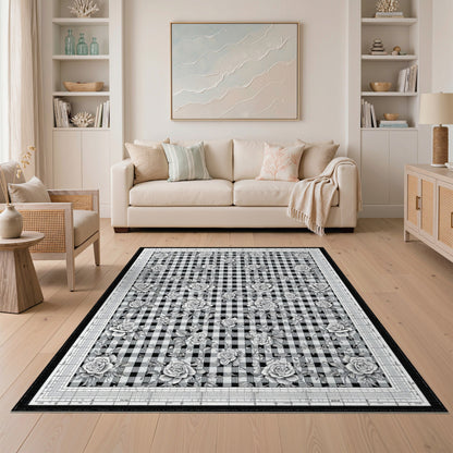 Black White Rose Gingham Area Rug