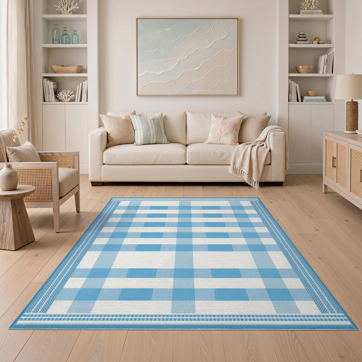 Coastal Beach Blue Gingham Checkered Washable Area Rug