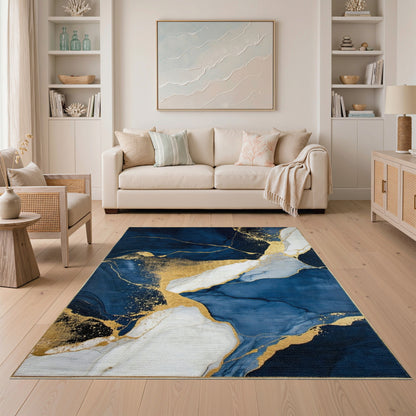 Blue and Teal Navy Blue Gold Abstract Marble Area Rug