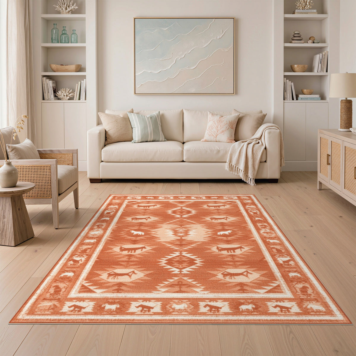 Red Southwestern Horse Motif Area Rug