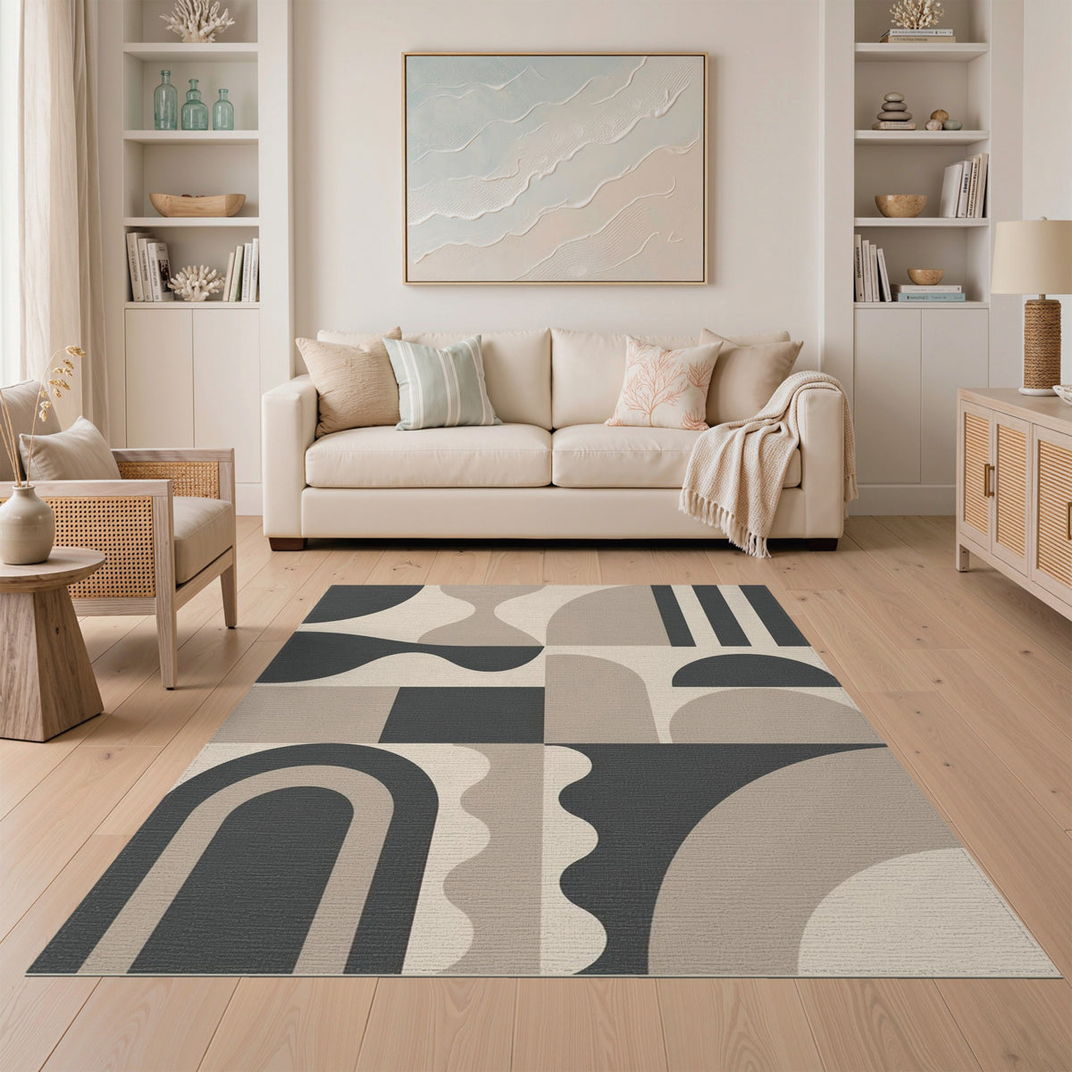 Beige and Neutral Geometric Modern Geometric Beige Area Rug