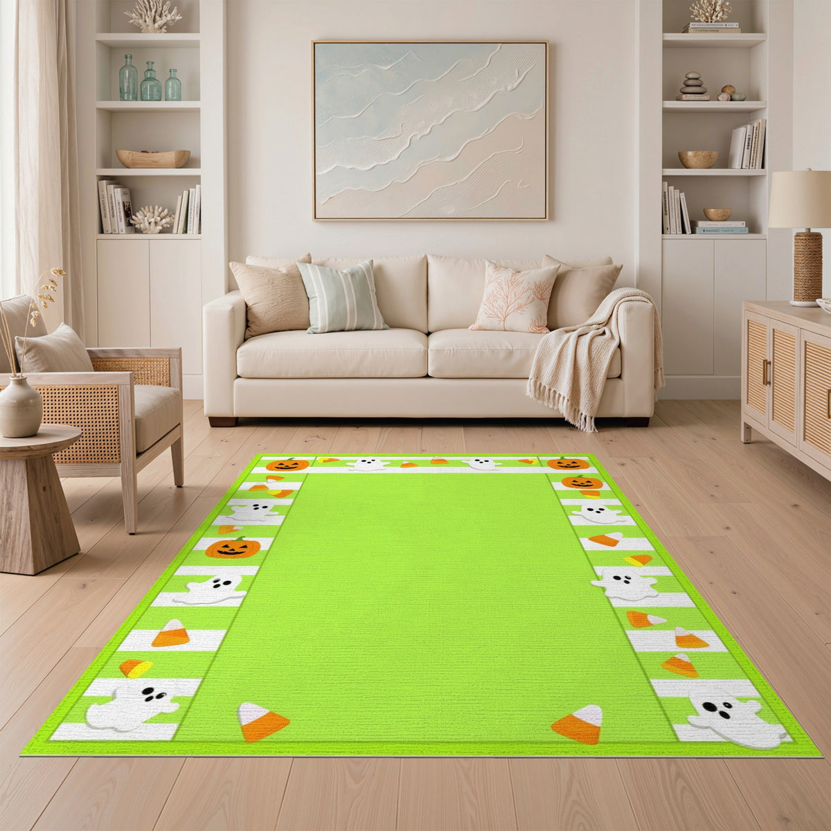 Green Halloween Kids Pumpkin Ghost Area Rug