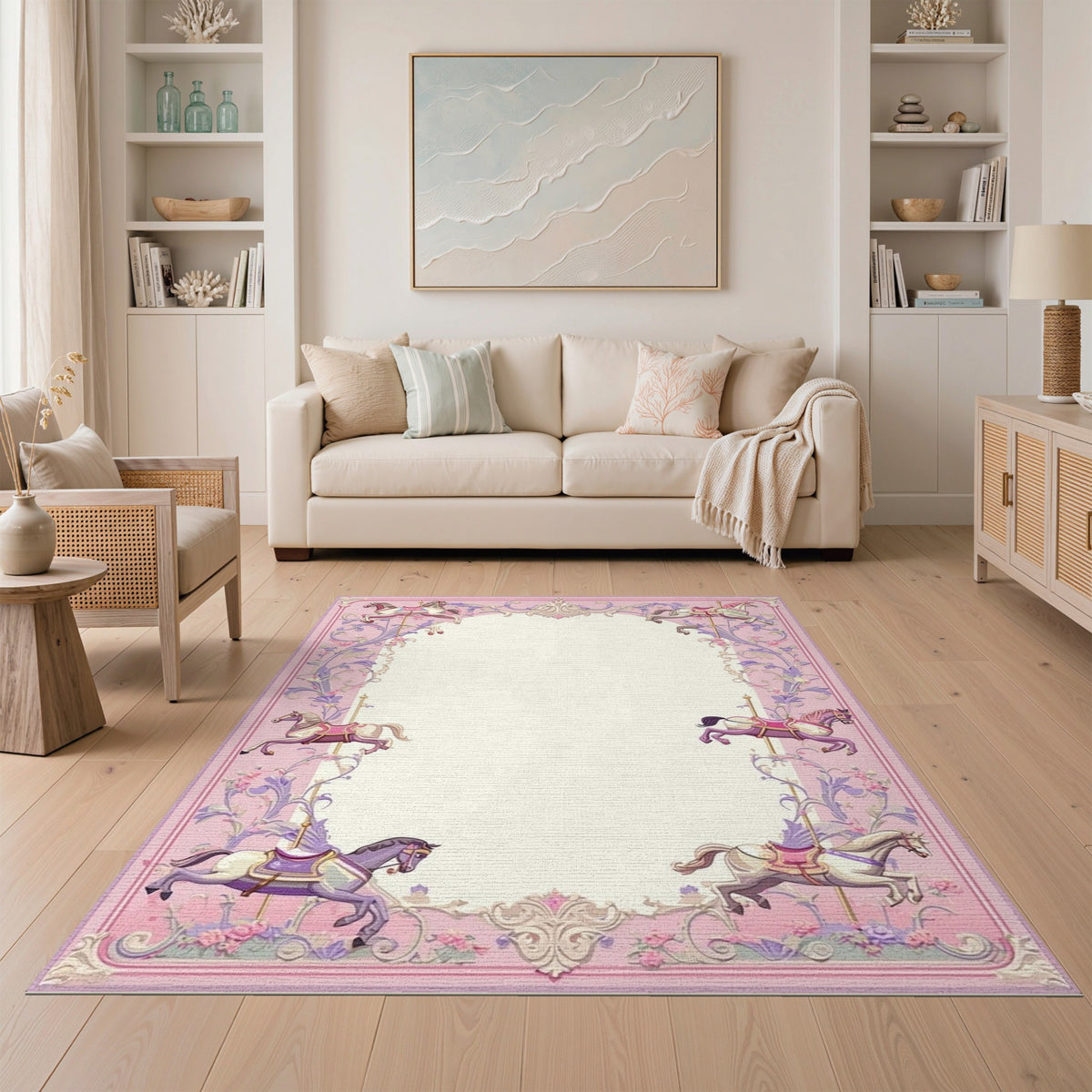 Pink Carousel Horse Floral Area Rug
