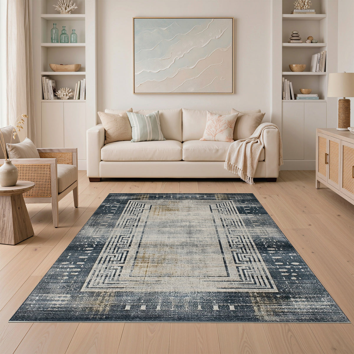 Grey Distressed Vintage Area Rug with Greek Key Border
