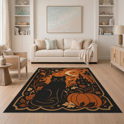 Distressed Vintage Orange Black Cat Pumpkin Halloween Area Rug