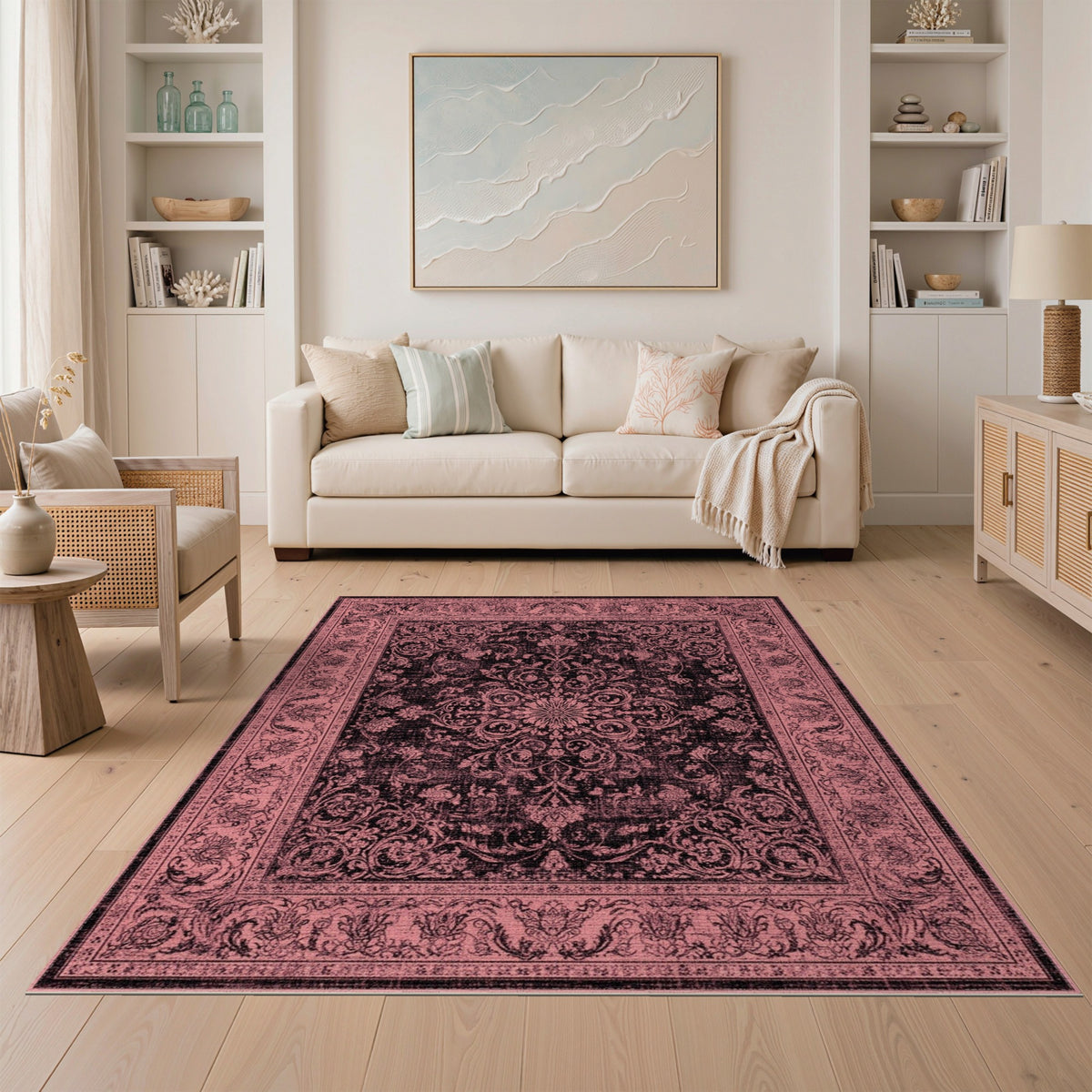 Pink Distressed Vintage Floral Area Rug