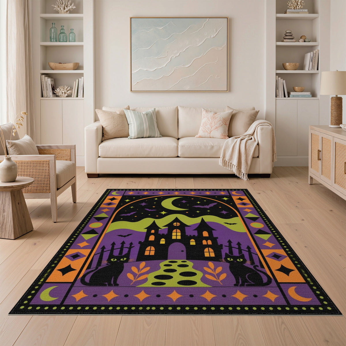 Spooky Halloween Castle Black Cats Area Rug