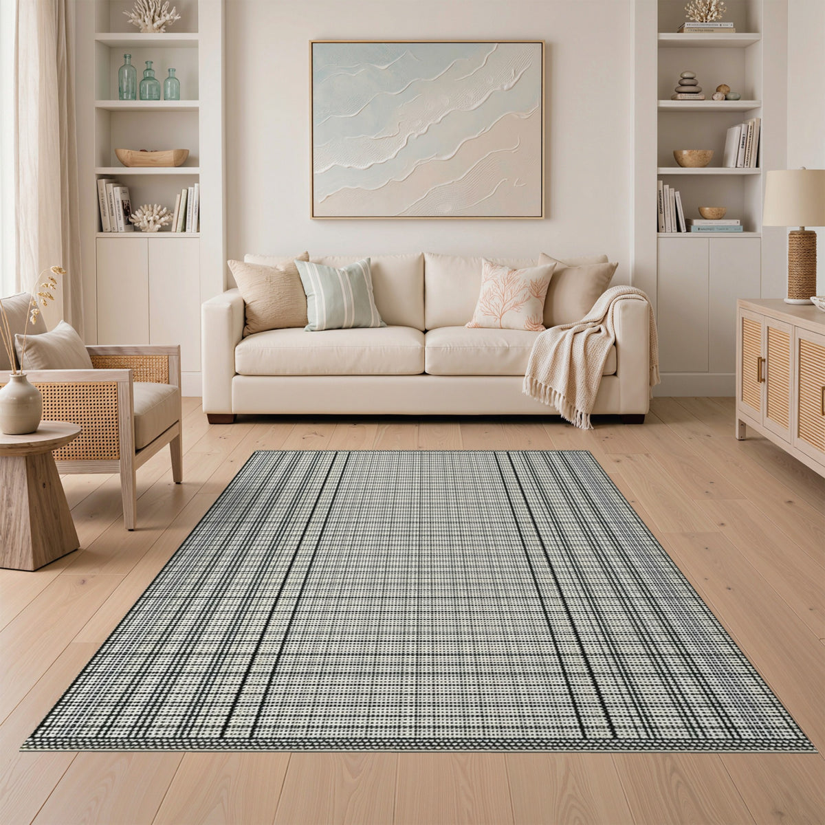 Black White Grid Checkered Washable Area Rug