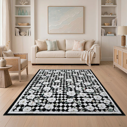 Black and White Black White Rose Checkered Area Rug