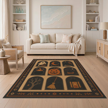 Halloween Folk Art Area Rug in Brown Tan