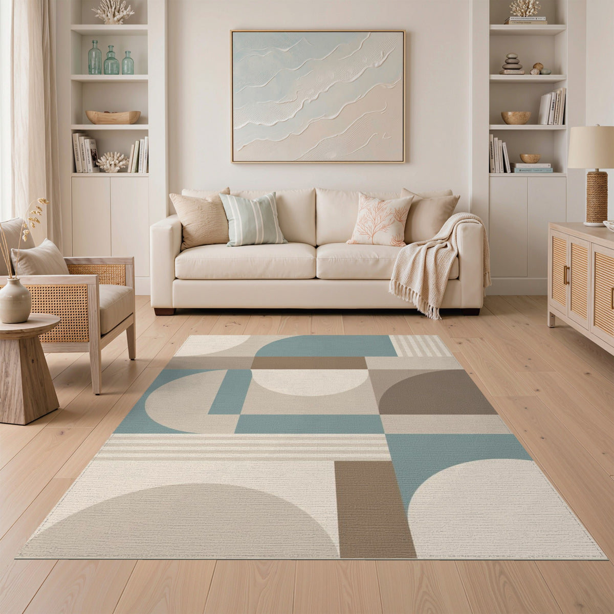 Geometric Beige Teal Modern Area Rug