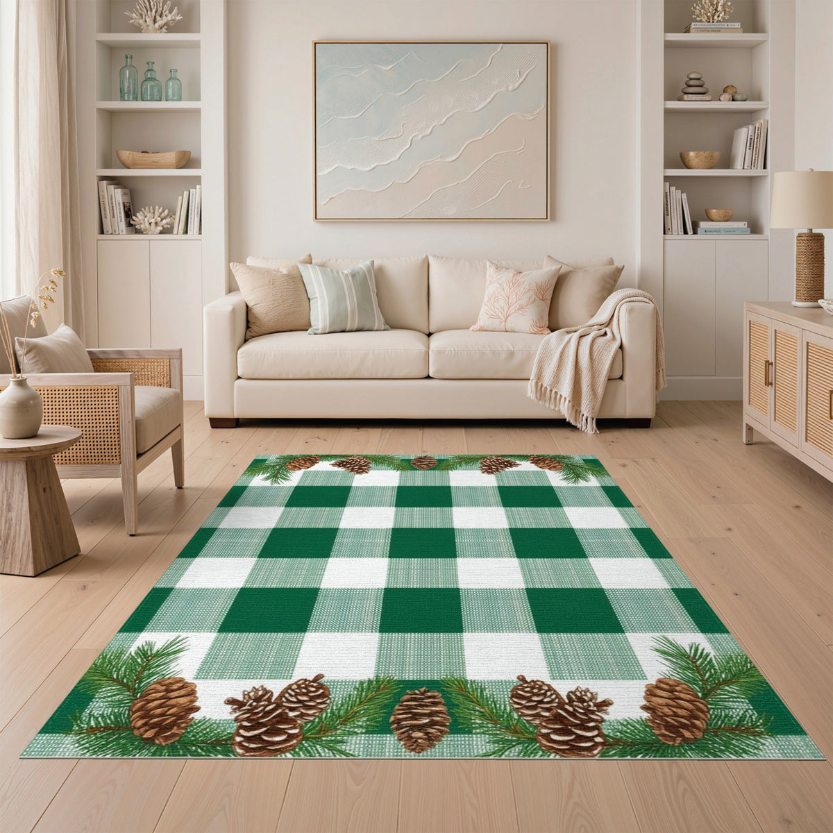 Green Gingham Pinecone Rustic Area Rug