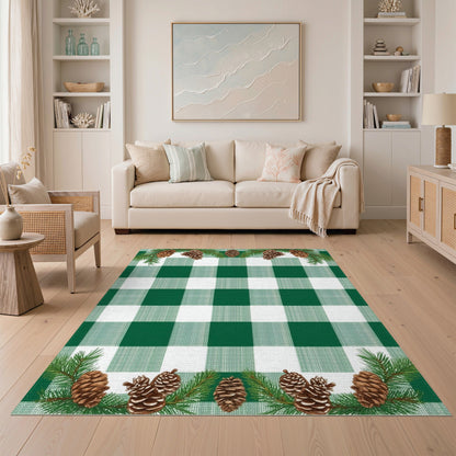 Green Gingham Pinecone Rustic Area Rug